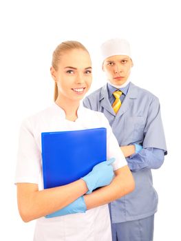  Portrait of a young doctor and his assistant  isolated on white