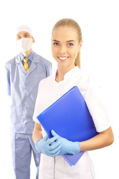  Portrait of a young doctor and his assistant  isolated on white