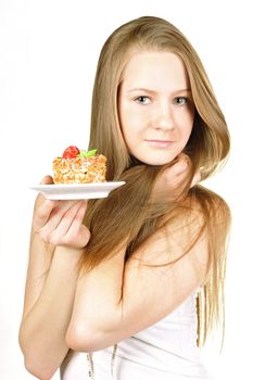   young cute girl with a tasty cake isolated on 
