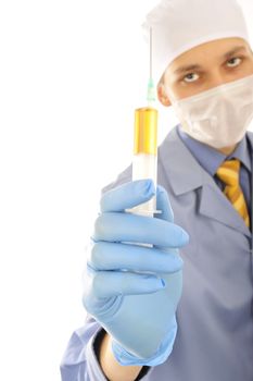 Portrait of a young doctor with a syringe isolated on white