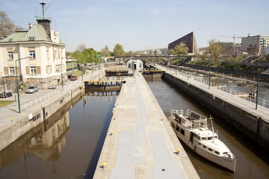 view of the dam in the summer. Prague, Czech Republic.