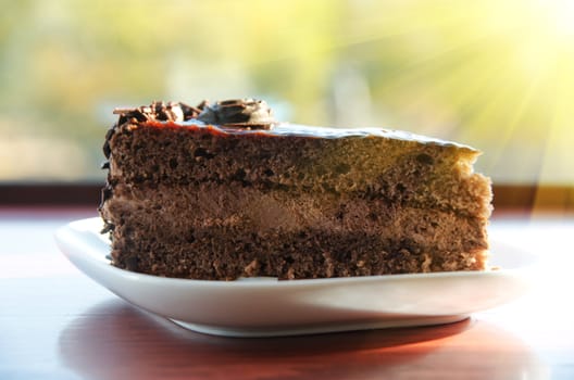 piece of chocolate cake at white plate