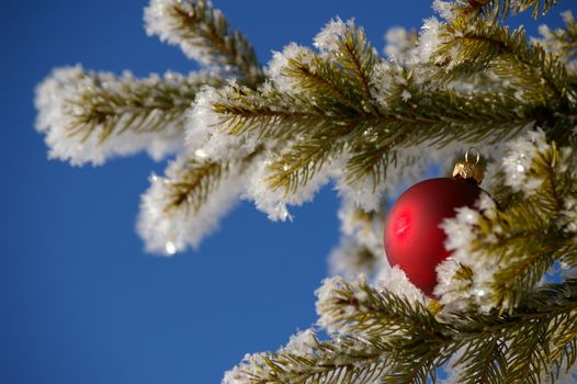 red bauble christmas ball ornament outside in a snowy winter scene