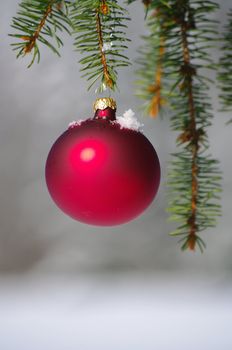 a red bauble in a winter landscape