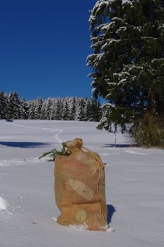 A bag from Santa Claus in a snowy landscape