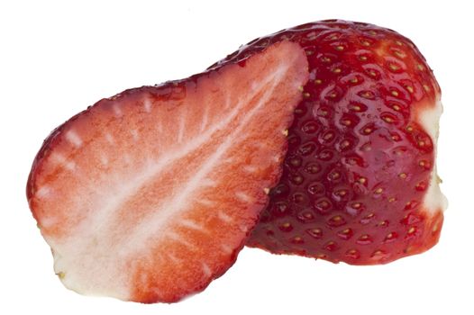a strawberry cut in half on white background