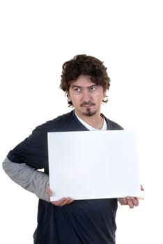 young man showing card in white background