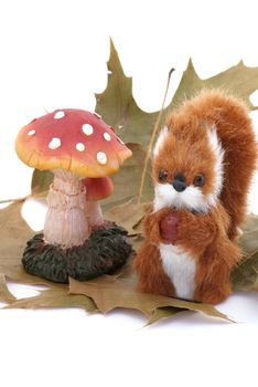 Isolated squirrel and toadstool with oakleaves.