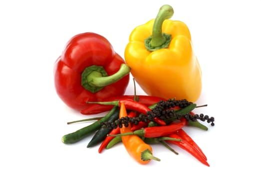 Paprika and different kinds of pepper on white background.