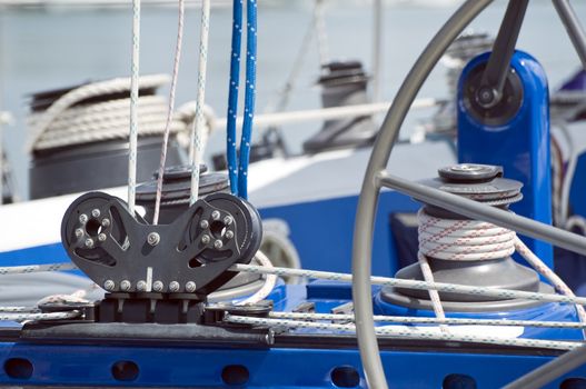 Close-up of equipment on a blue sailboat