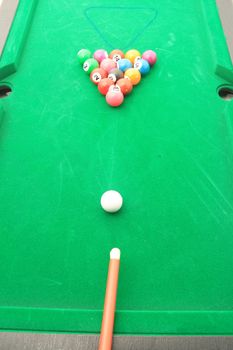 billiards field and balls in green table