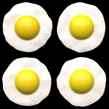Four fried eggs isolated over a black background - the same color as a cast-iron frying pan.