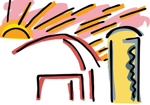 Abstract drawing of a sunrise behind a barn and silo
