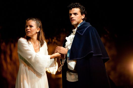 CANARY ISLANDS-OCTOBER 27: Actors Nati Vera (l) and Ruben Dario (r) acting in Desmontando a Don Juan,   based on Don Juan Tenorio written by Jose Zorrilla, October 27, 2011 in Canary Islands, Spain
