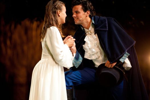 CANARY ISLANDS-OCTOBER 27: Actors Nati Vera (l) and Ruben Dario (r) acting in Desmontando a Don Juan,   based on Don Juan Tenorio written by Jose Zorrilla, October 27, 2011 in Canary Islands, Spain
