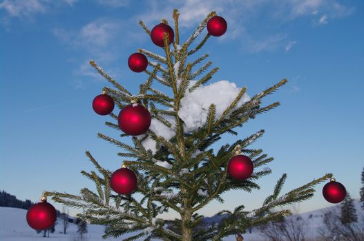 baubles  on a Christmas tree outside in a snowy landscape