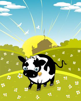 Cartoon graphic of cow on the meadow.
