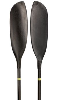 narrow blades of carbon fiber wing kayak paddle, warn out and scratched in river marathon racing, isolated on white