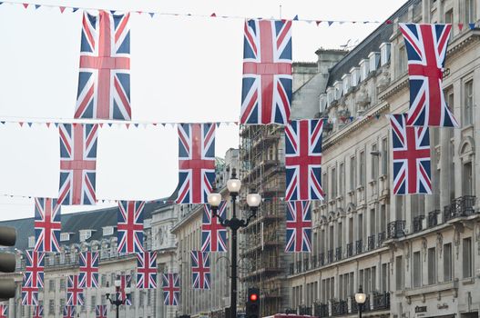 LONDON - APRIL 24: Central London hangs up buntings for Prince William and Catherine Middleton's royal wedding celebration to take place April 29 at Westminster Abbey. April 24, 2011 in London, England.
