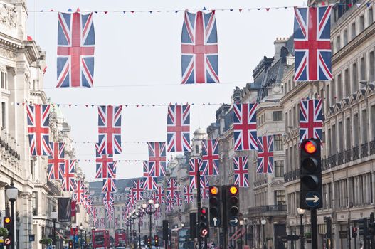 LONDON - APRIL 24: Central London hangs up buntings for Prince William and Catherine Middleton's royal wedding celebration to take place April 29 at Westminster Abbey. April 24, 2011 in London, England.