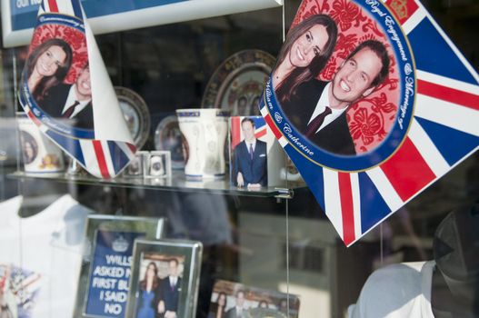 LONDON - APRIL 24: Souvenir shops selling memorabilia for Prince William and Catherine Middleton's royal wedding celebration to take place April 29 at Westminster Abbey. April 24, 2011 in London, England.
