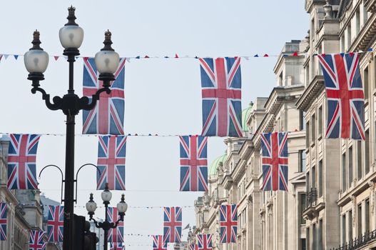LONDON - APRIL 24: Central London hangs up buntings for Prince William and Catherine Middleton's royal wedding celebration to take place April 29 at Westminster Abbey. April 24, 2011 in London, England.