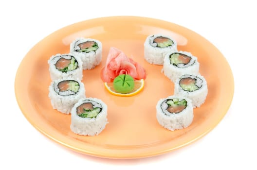 sushi at orange plate isolated on a white background