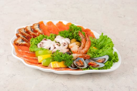 appetizer closeup of different seafood and vegetables