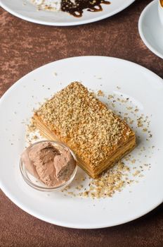 Dessert set of cake and ice-cream at plate