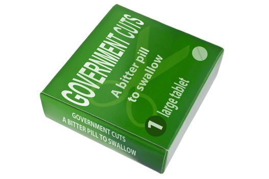 A single green medication package with the words 'government cuts a bitter pill to swallow' arranged over white.