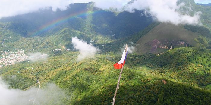 View of Soufriere from the cloud covered summit of the Petit Piton - St Lucia.