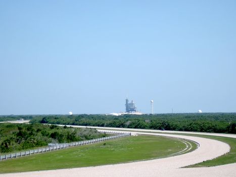 A photograph of a rocket launchpad at Kennedy Space Center which is located in the state of Florida, USA.