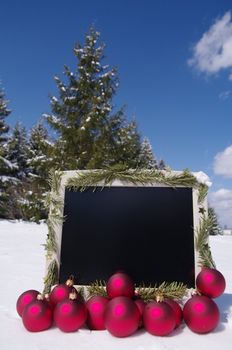 a decorated screen in snowy winter landscape