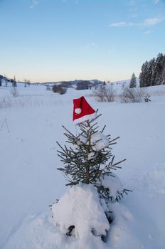 red santa claus hats in a snowy landscape