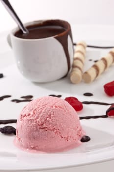 food series: pink fruit ice-cream dessert with chocolate decoration