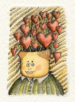Watercolor illustration of an Intellectual man with a lot of hearts growing up from his head