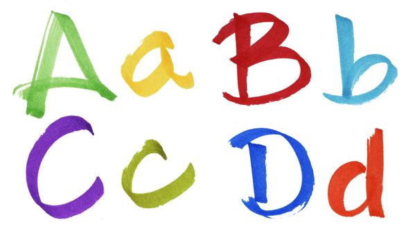 Very large handwritten font, letters A B C D in capital and small cases, made with colorful ink markers and paper fibers visible.
