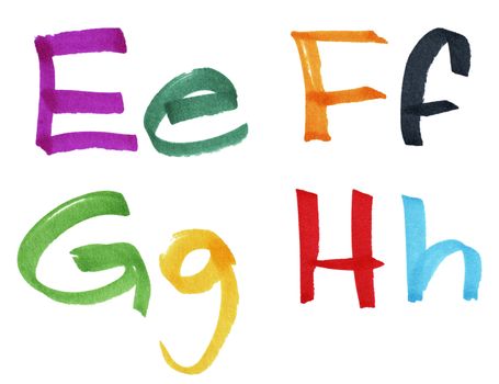 Very large handwritten font, letters E F G H in capital and small cases, made with colorful ink markers and paper fibers visible.