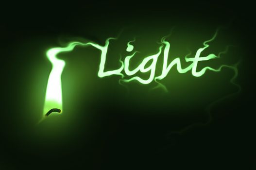 Close up on a single ignited candle wick with green flame morphing into the word 'light' against a black background.