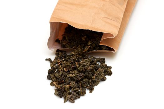 photo of tea in paper bag, white background