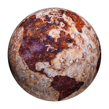 Terrestrial globe formed by corrosion stains on metal