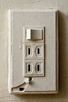 Old broken light switch, closeup image of house object in white. Japan, the USA, Canada and Taiwan socket style.