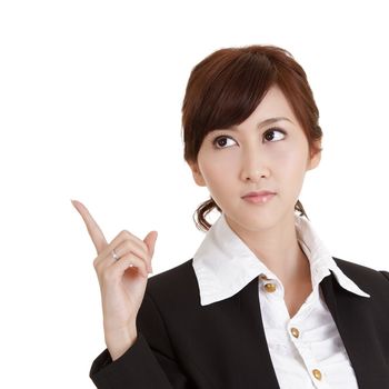 Young woman thinking and pointing her finger, half length closeup portrait on white background.