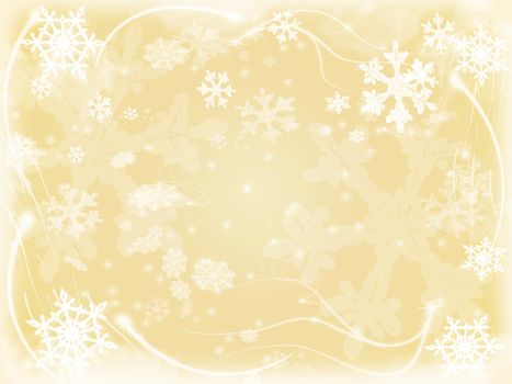 white snowflakes over beige background with feather corners