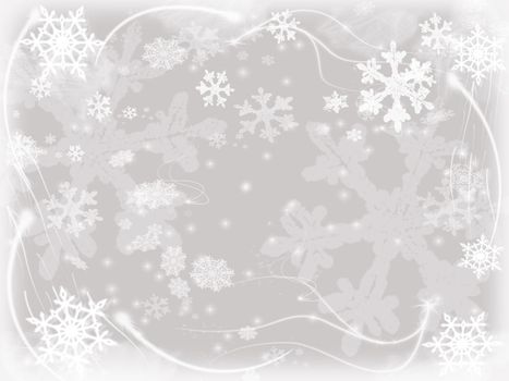 white snowflakes over grey background with feather corners