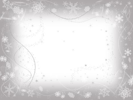 white snowflakes over grey frame background with feather center