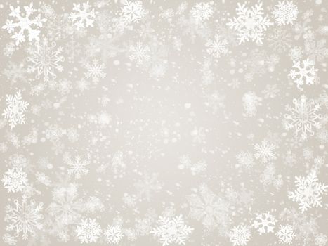 white snowflakes over grey background with feather center