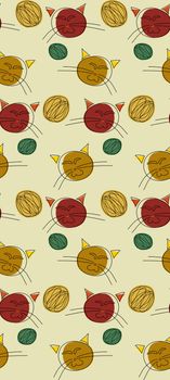 Seamless background of cute cats and balls of yarn