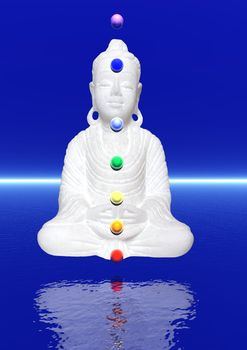 Peaceful white buddha in meditation upon the water and with colors chakra balls on his body