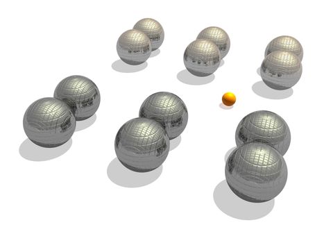 Two teams of big metallic petanque balls and a small orange jack on the sand in white background